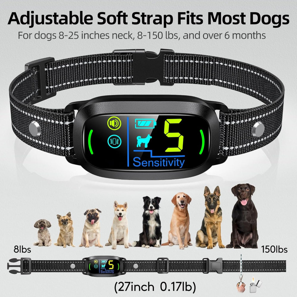 Comfortable adjustable dog bark collar: soft strap fits dogs (8-25 inch neck, 8-150 lbs, over 6 months) - compatible with small, medium, and large dog breeds.