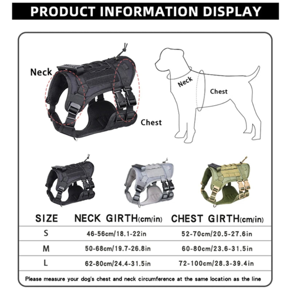 Tactical dog harness size chart with neck/chest measurements (S/M/L) and color options – a foolproof guide to solve sizing confusion, trusted by pet parents to ensure a secure, comfortable fit for medium/large dogs during hikes, training, and daily walks.