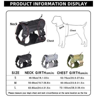 Tactical dog harness size chart with neck/chest measurements (S/M/L) and color options – a foolproof guide to solve sizing confusion, trusted by pet parents to ensure a secure, comfortable fit for medium/large dogs during hikes, training, and daily walks.