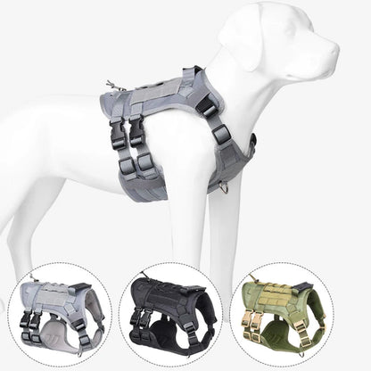 Tactical dog harness in gray, black, and olive green on a dog mannequin – a durable, adjustable solution to stop pulling, trusted for outdoor training and hikes, letting your pup enjoy comfortable, secure adventures while matching your style.