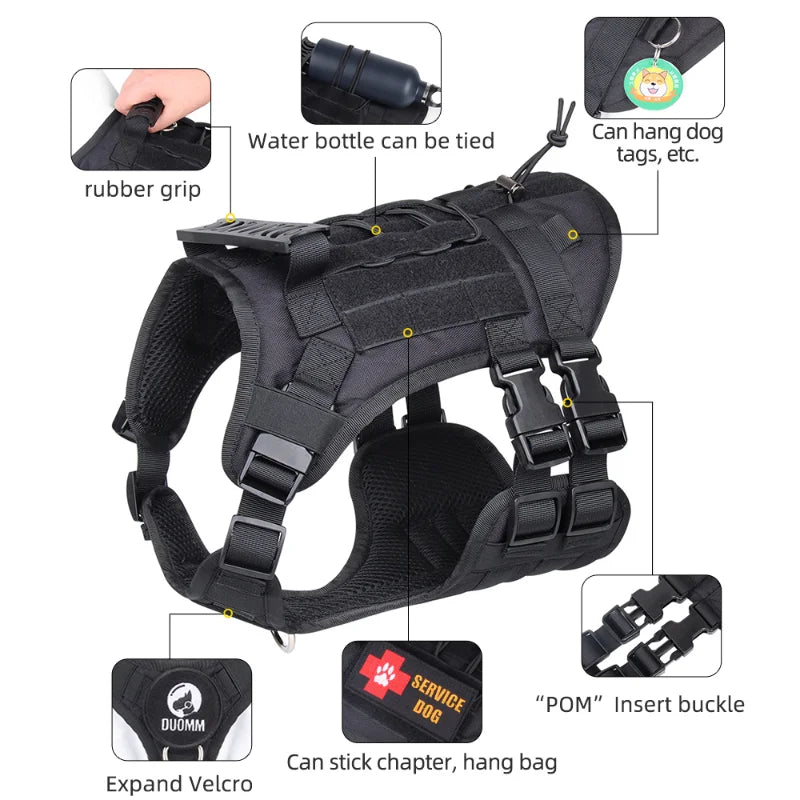 Black tactical service dog vest with rubber grip, water bottle attachment, dog tag hook, expand Velcro, and secure “POM” buckles – a vet-recommended solution to stop pulling and organize gear, letting your service dog stay comfortable and ready for training, hunting, or daily adventures.