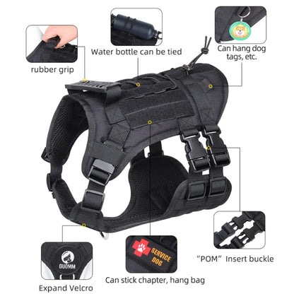 Black tactical service dog vest with rubber grip, water bottle attachment, dog tag hook, expand Velcro, and secure “POM” buckles – a vet-recommended solution to stop pulling and organize gear, letting your service dog stay comfortable and ready for training, hunting, or daily adventures.