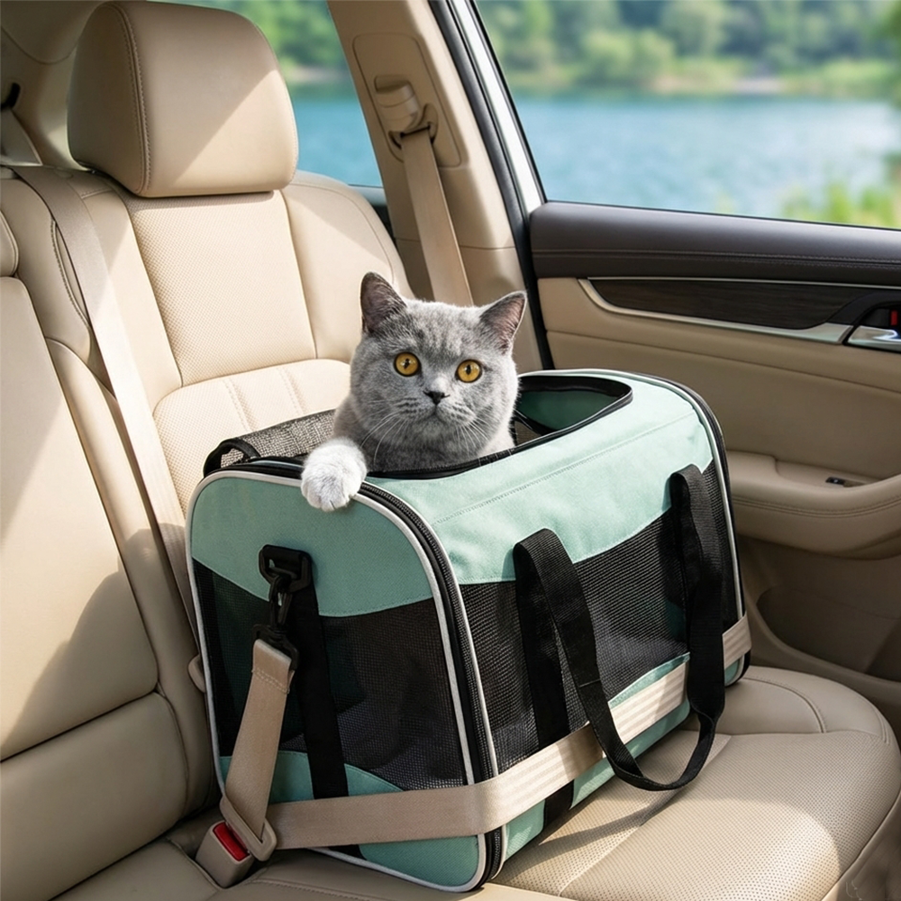Teal pet carrier secured in a car seat (via seatbelt strap), with a grey cat inside and breathable mesh panels – a safe, comfortable solution to eliminate in-car pet instability, keeping your cat or small dog secure during road trips.