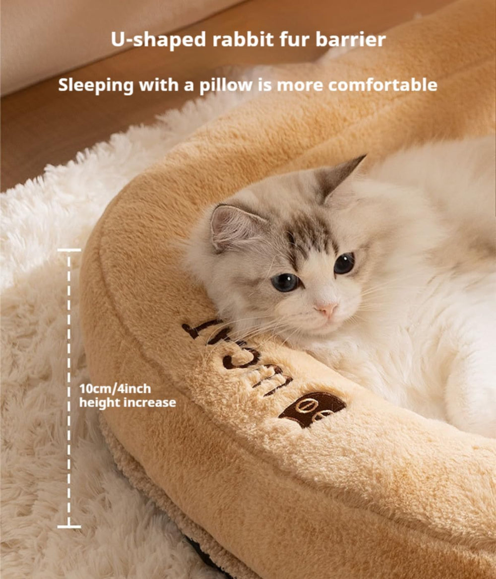 U-shaped rabbit fur pet bed with 10cm height increase, shown with a cat resting – a supportive solution to address neck support concerns, providing a cozy pillow-like barrier for your pet to sleep soundly.