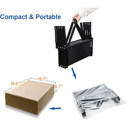 Extremely compact foldable pet stairs with a built-in carry strap, dimensions 19.5"*16.7"*6.1" when folded, shown in its shipping box and plastic wrap, ideal for easy transport and storage in cars or homes.
