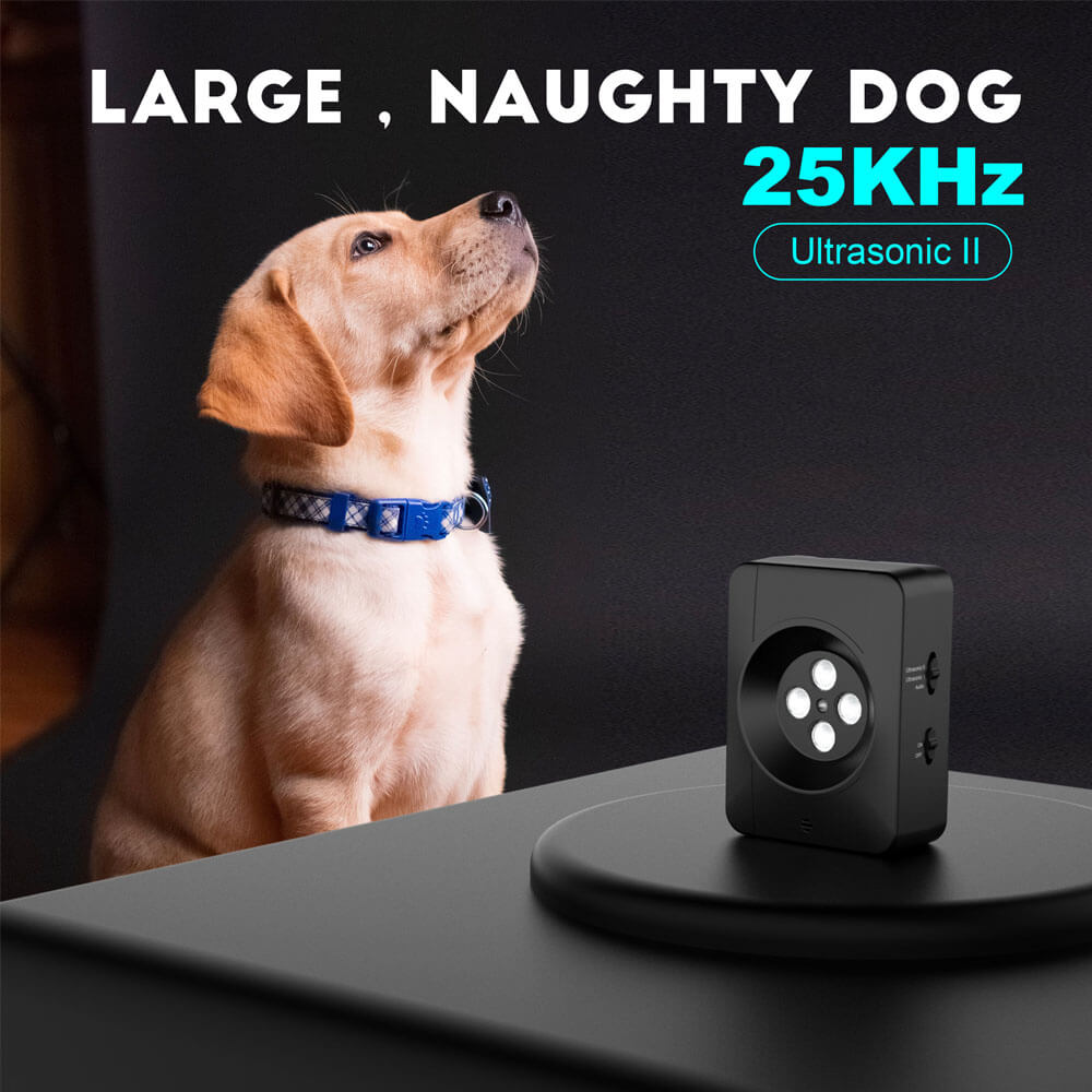 Black ultrasonic dog bark deterrent with a cute yellow Labrador puppy, labeled "LARGE, NAUGHTY DOG 25KHz Ultrasonic II" for effective anti-barking behavior correction.