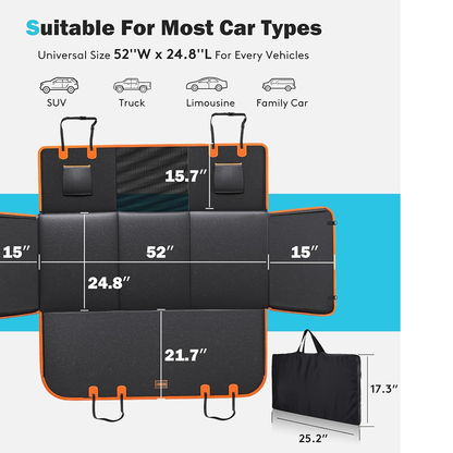 Size specification diagram of universal dog car seat cover, showing dimensions 52"W x 24.8"L, compatible with SUV, truck, limousine, and family cars, including storage bag dimensions.