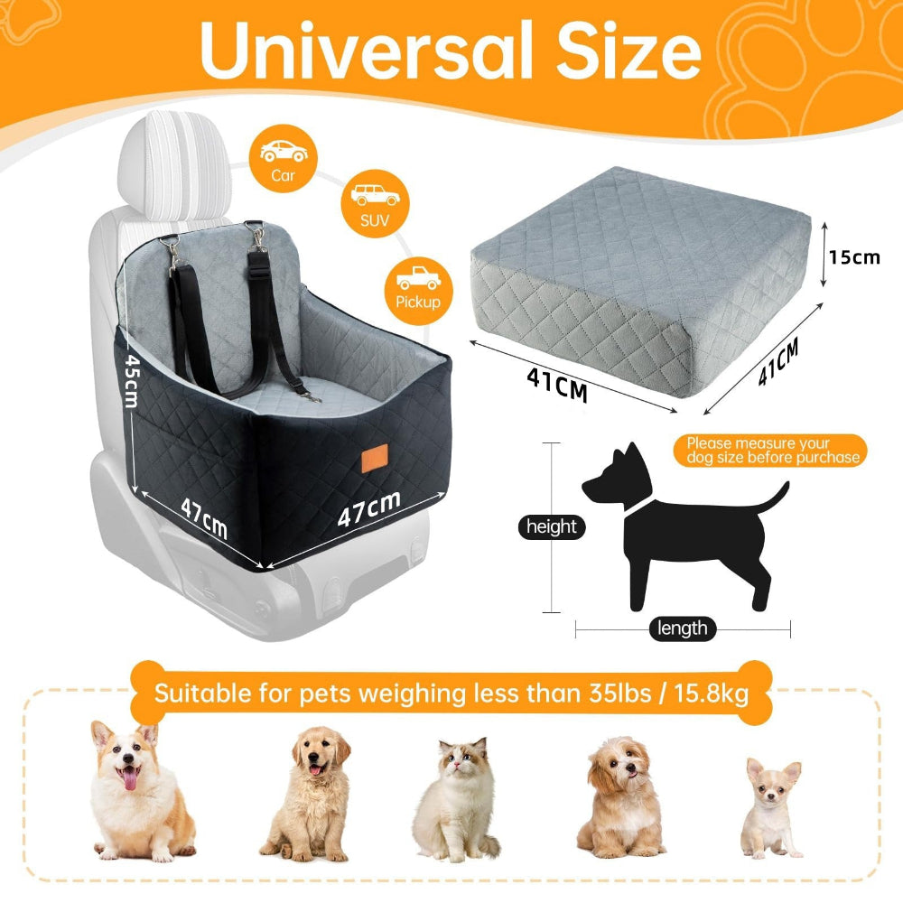 Pet car seat dimensions and weight capacity (up to 35lbs), suitable for cats and small/medium dogs – a reassuring solution to end guesswork about size fit, ensuring your pet has a comfortable spot regardless of breed.