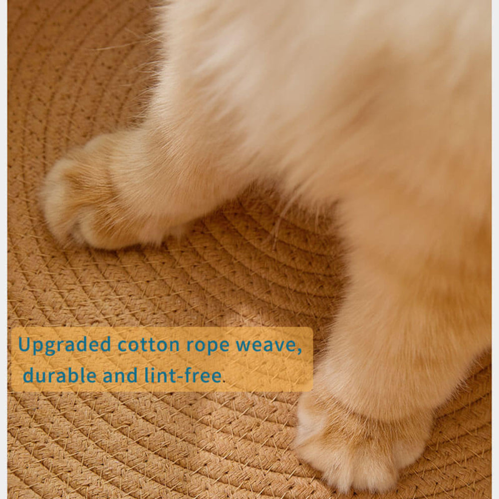 Close-up of upgraded cotton rope weave inner lining of pet bed, showing durable, lint-free texture with cat paws resting on it for scratch-resistant comfort.