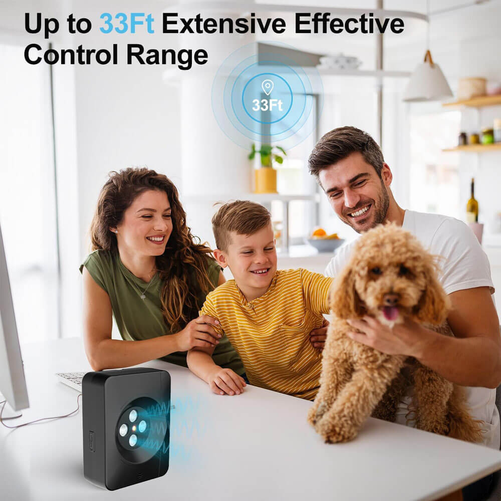  Ultrasonic dog bark deterrent with 33-foot effective range, shown in a family home setting with a happy family and curly dog, ideal for indoor anti-barking control.