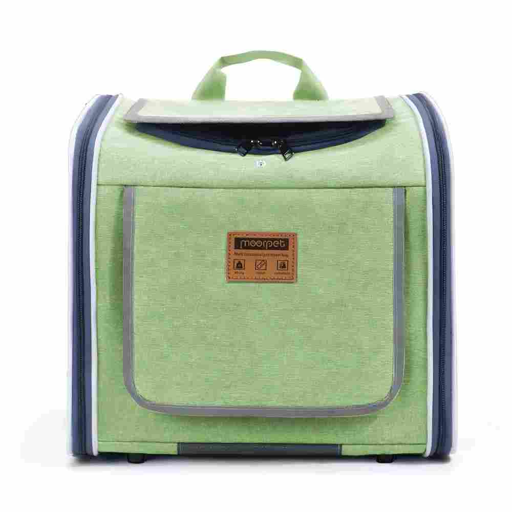 Front view of a green ventilated pet bike carrier, featuring mesh panels for airflow, a reinforced structure for stability, and a top handle for easy transport, designed to keep pets calm, cool, and safe during outdoor rides.