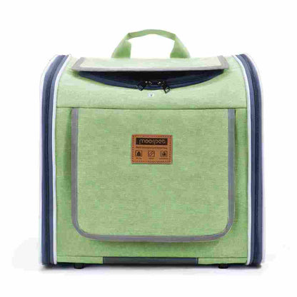 Front view of a green ventilated pet bike carrier, featuring mesh panels for airflow, a reinforced structure for stability, and a top handle for easy transport, designed to keep pets calm, cool, and safe during outdoor rides.