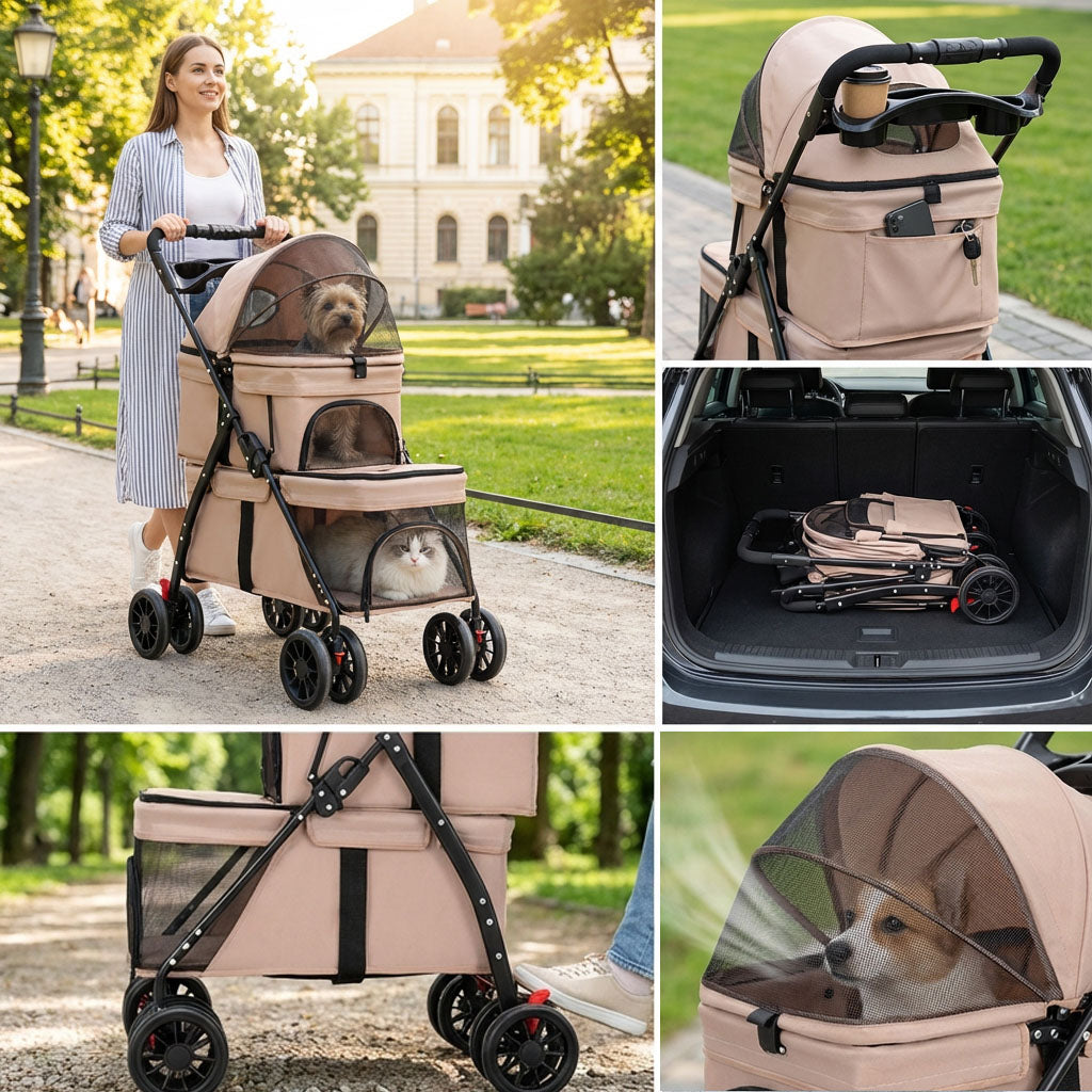 Collage of double-decker pet stroller in use: outdoor walks (dog + cat), car storage, & breathable mesh compartment – a multi-purpose solution to meet all your pet travel needs, keeping pets cool and the stroller easy to transport.