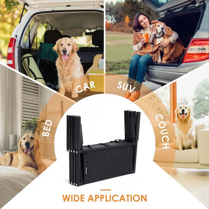 Collapsible dog stairs with wide application, perfect for helping dogs access car trunks, SUVs, high beds, and couches, designed for portable use and easy storage in pet-friendly homes.
