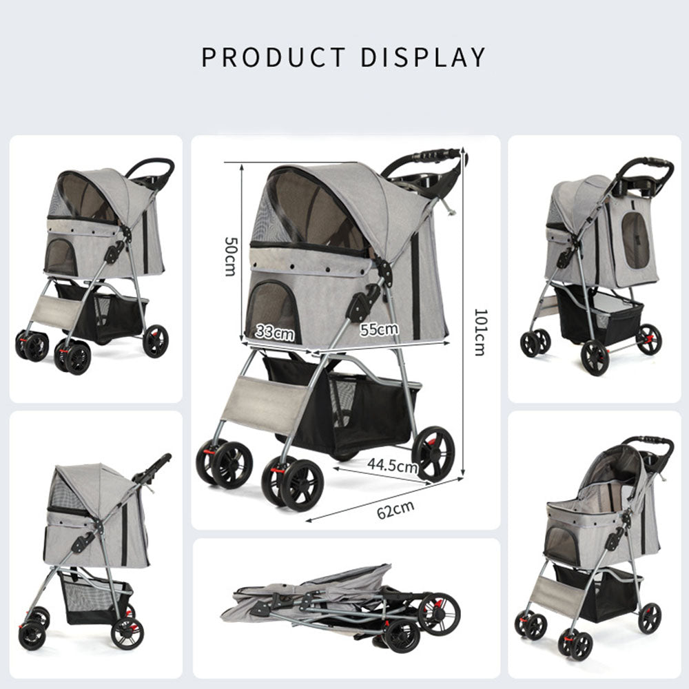 Versatile foldable pet stroller displayed from multiple angles, including front, side, rear, and folded positions. Showcases its lightweight design, spacious cabin, and easy one-click folding mechanism for small to medium pets.