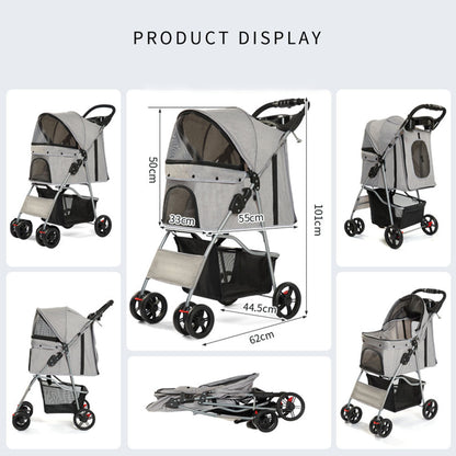 Versatile foldable pet stroller displayed from multiple angles, including front, side, rear, and folded positions. Showcases its lightweight design, spacious cabin, and easy one-click folding mechanism for small to medium pets.
