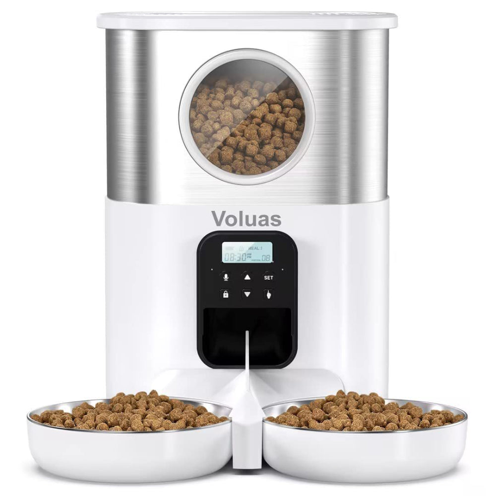Voluas automatic pet feeder with dual stainless steel bowls, showcasing its sleek design and brand reliability – a dependable solution to eliminate daily pet feeding struggles, providing a consistent feeding routine for your cats or dogs.