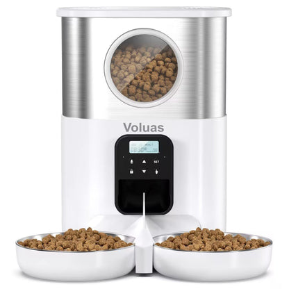 Voluas automatic pet feeder with dual stainless steel bowls, showcasing its sleek design and brand reliability – a dependable solution to eliminate daily pet feeding struggles, providing a consistent feeding routine for your cats or dogs.