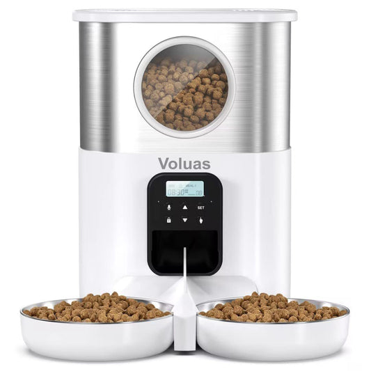 Voluas automatic pet feeder with dual stainless steel bowls, showcasing its sleek design and brand reliability – a dependable solution to eliminate daily pet feeding struggles, providing a consistent feeding routine for your cats or dogs.