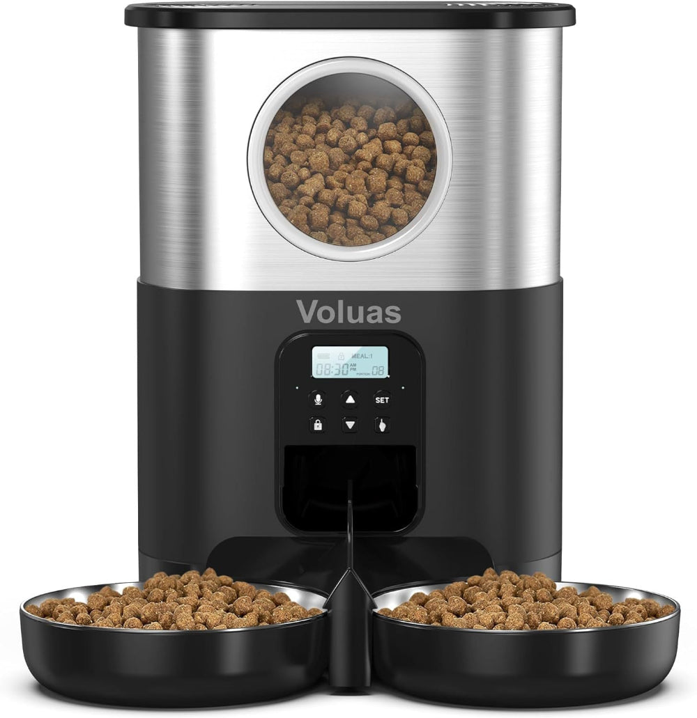 Voluas black automatic pet feeder with dual bowls, offering a stylish color option for your home – a versatile solution to match your aesthetic preferences while solving pet feeding challenges, ensuring your pets eat on time in style