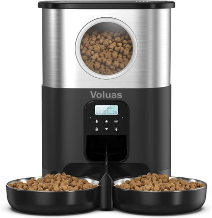Voluas black automatic pet feeder with dual bowls, offering a stylish color option for your home – a versatile solution to match your aesthetic preferences while solving pet feeding challenges, ensuring your pets eat on time in style