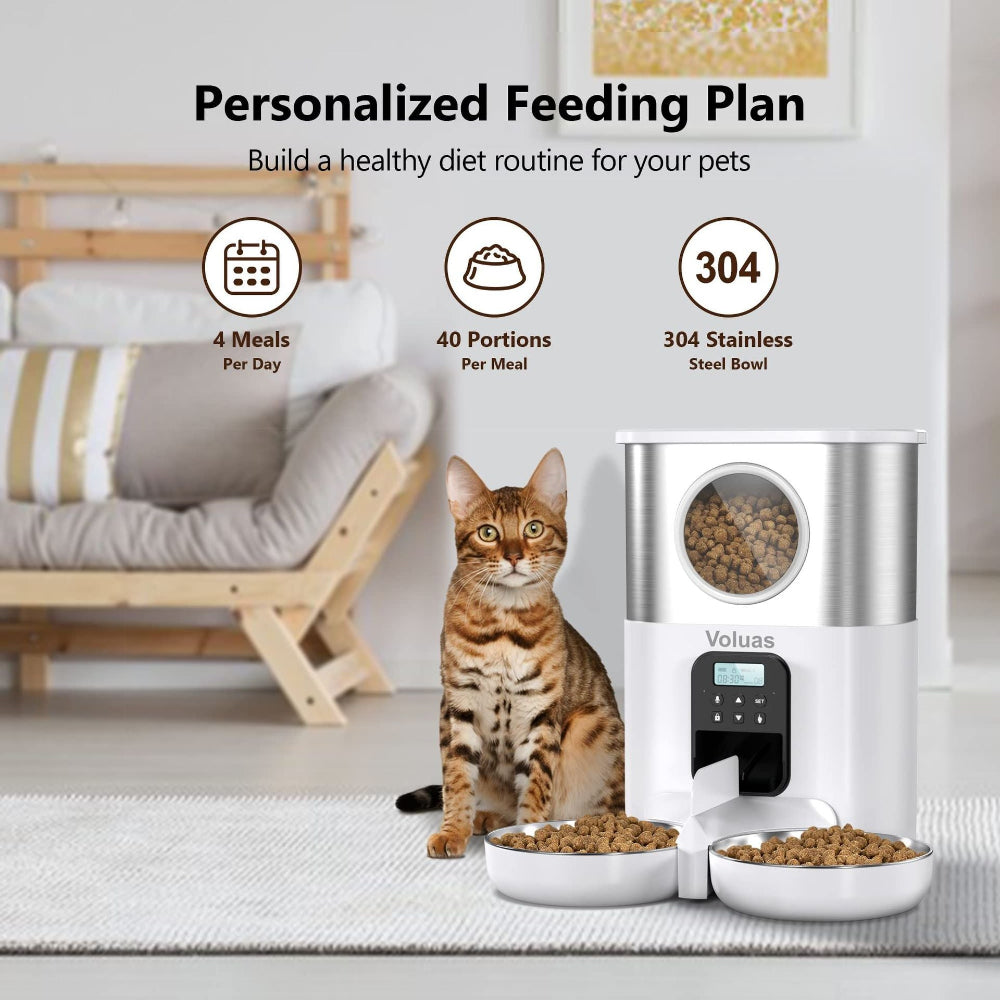 Voluas automatic pet feeder with personalized feeding plan, highlighting 4 meals per day and stainless steel bowls – a healthy solution to establish a consistent diet routine for your pets, eliminating worries about irregular feeding habits.