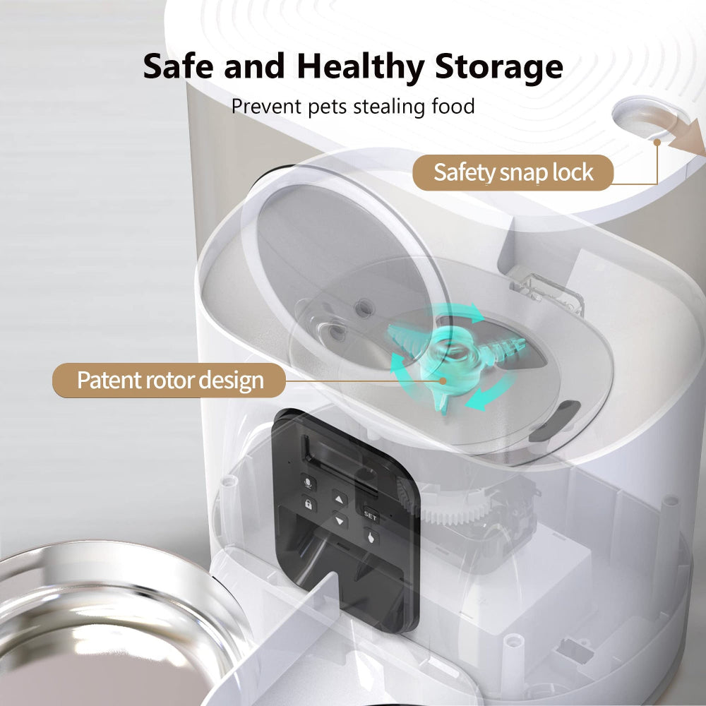 Voluas pet feeder’s internal safe storage design with patent rotor and safety lock – a secure solution to stop pets from stealing food, ensuring your pet’s meals remain safe and untouched until feeding time.