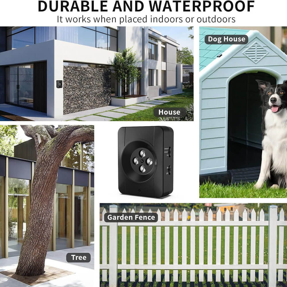Durable waterproof ultrasonic bark control device, suitable for placement on house walls, trees, garden fences, and dog houses, both indoors and outdoors.
