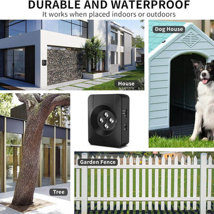 Durable waterproof ultrasonic bark control device, suitable for placement on house walls, trees, garden fences, and dog houses, both indoors and outdoors.
