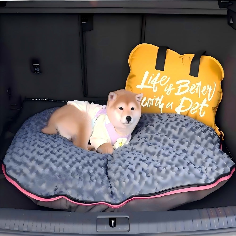 Shiba Inu resting on a plush, waterproof travel dog bed mat in a car trunk, paired with a yellow portable storage bag featuring "Life is Better with a Pet" slogan, perfect for road trips and outdoor adventures.
