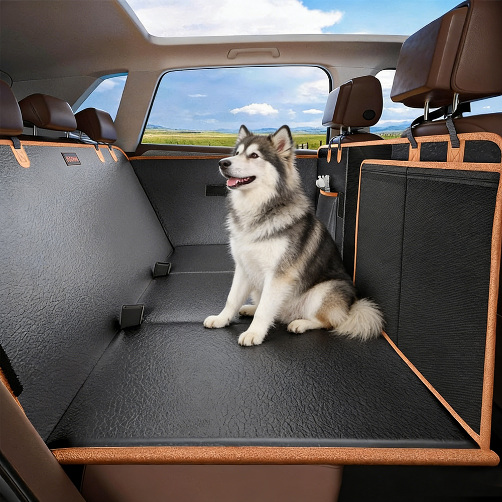Heavy-duty waterproof dog cargo liner with orange binding, designed to protect SUV and truck trunks from pet messes, scratches, and dirt while providing a comfortable travel space for dogs.