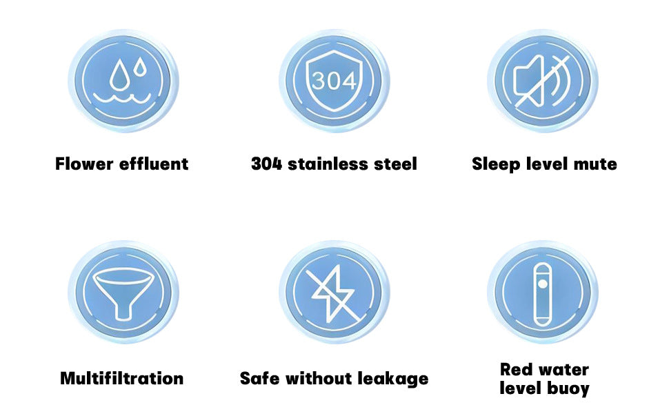 Features of pet fountain water dispenser: flower effluent, 304 stainless steel, sleep - level mute, multifiltration, safe without leakage, red water level buoy