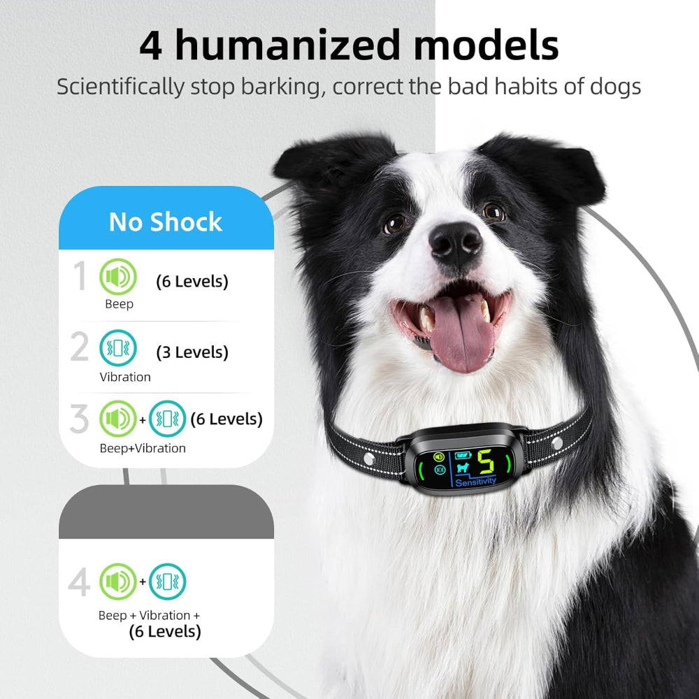 Dog barking control collar with 4 humanized modes (6-level beep, 3-level vibration, 6-level beep+vibration) - no-shock options for gentle, scientific behavior training.